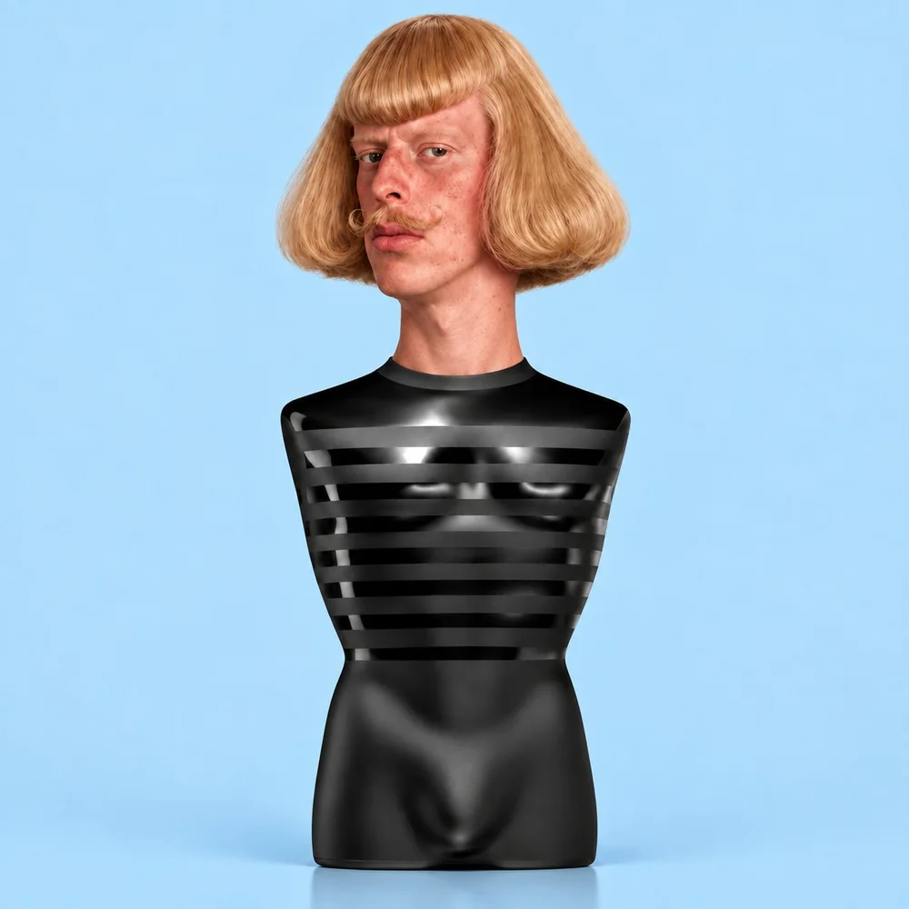 A glossy black striped torso bottle with a real head on top: blond bowl-cut hair and a curled mustache